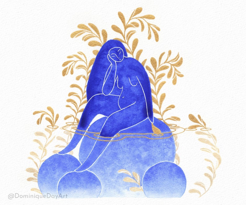 Blue and gold watercolor painting of a pregnant woman sitting peacefully amid plants