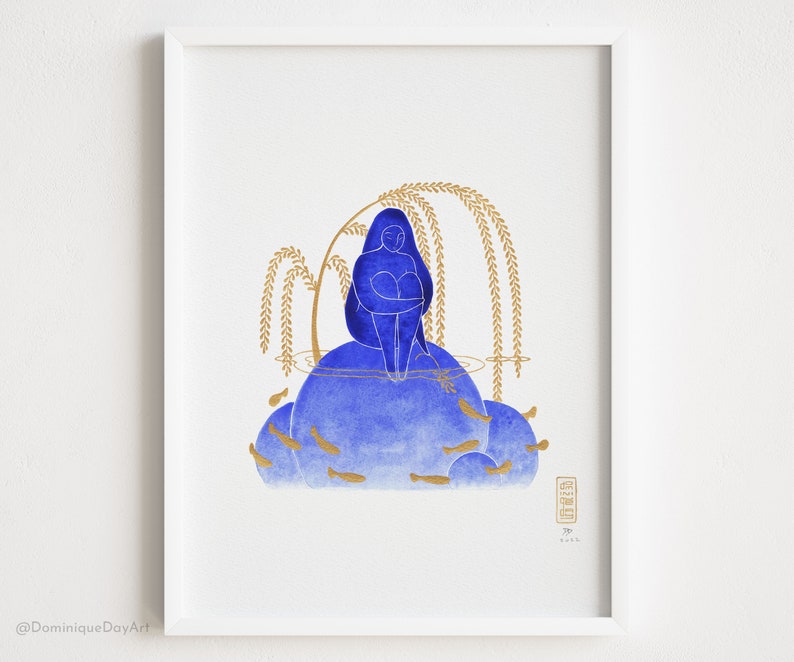 Blue and gold watercolor painting of a pregnant woman sitting peacefully amid plants