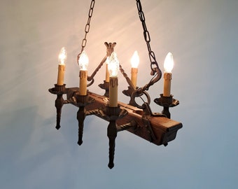 Authentique rustique poutre en bois lustre bougie en fer forgé - luminaire médiéval - années 1950- France - Ferme - vintage - Cottage -