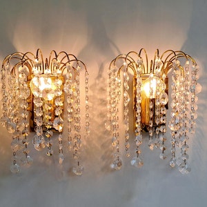 Matching 2 Pair Of Antique Waterfall Crystal French Wall lamps, Vintage Hollywood Regency 1960s Crystal Sconces Wall Light Fixtures Beaded