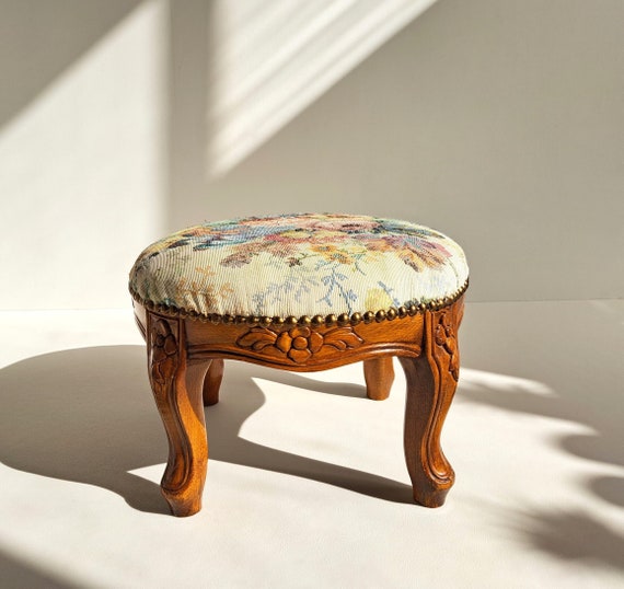Adorable French Small Wooden Vintage Foot Stool With Embroidered Floral  Patterned Cushioned Seat 1930s/1940s Antique Foot Rest France 