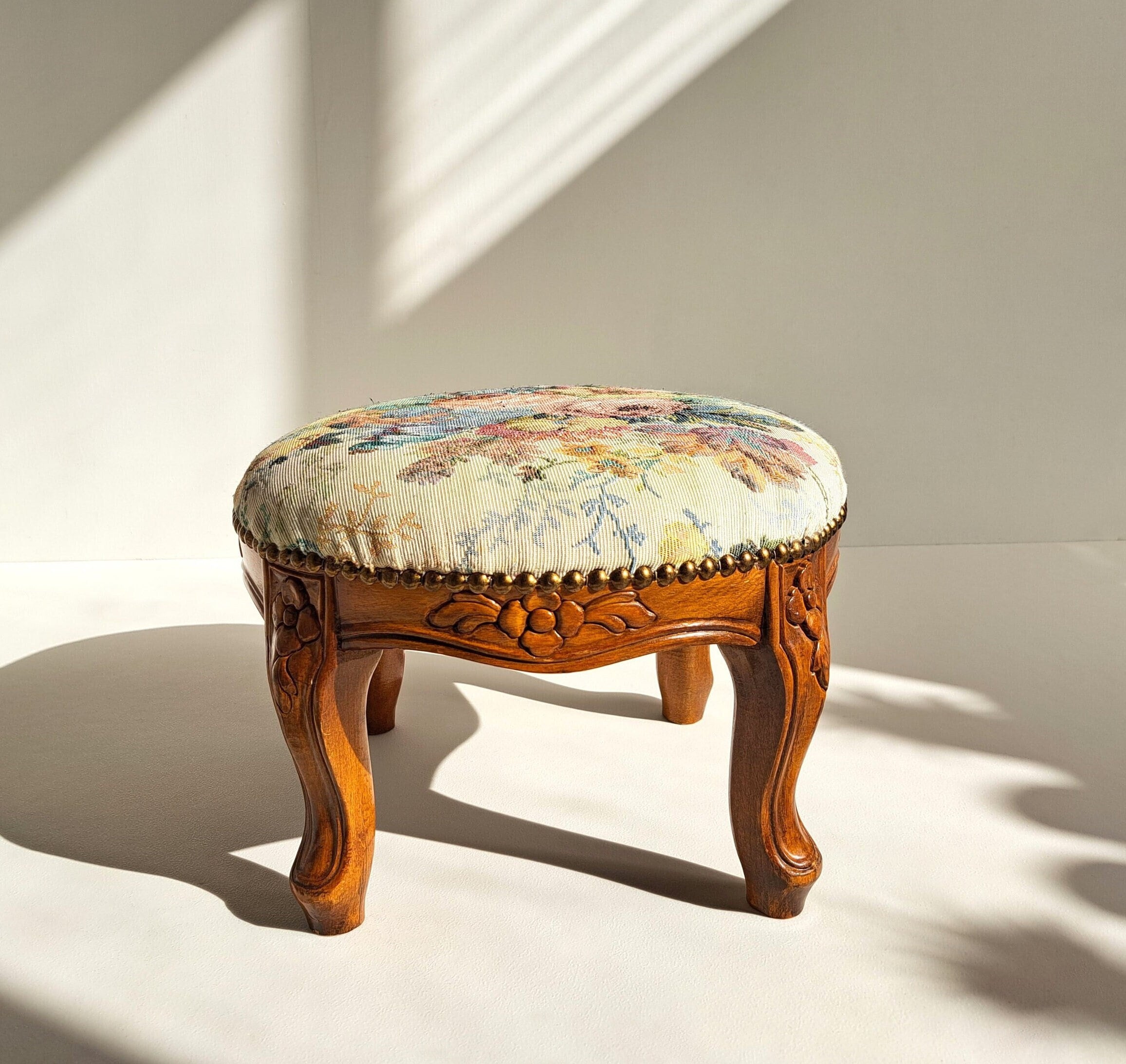 Adorable French Small Wooden Vintage Foot Stool With Embroidered