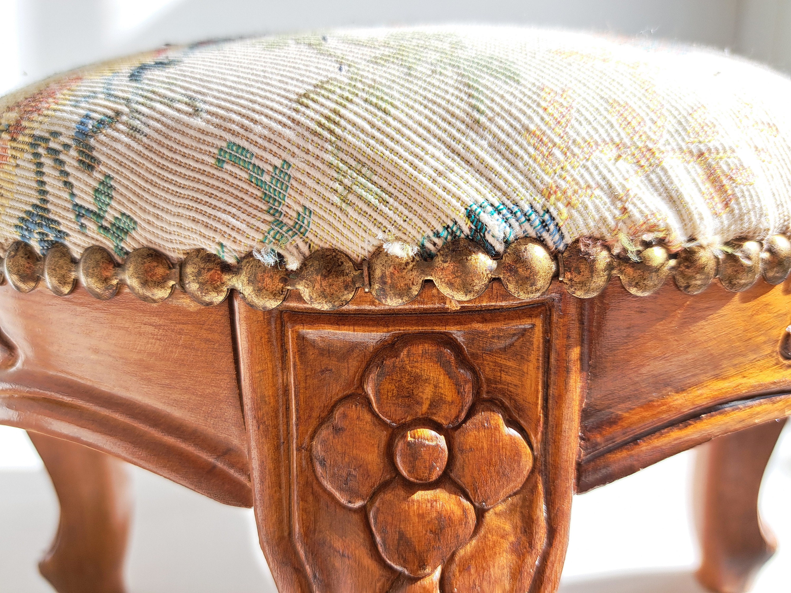 Adorable French Small Wooden Vintage Foot Stool With Embroidered
