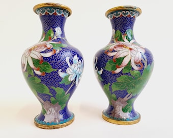 Superbe couple de vase bleu émaillé floral cloisonné - Pékin - Chine - Pot en émail - vintage, fait main - fabriqué à la main- Eyecatcher- Art -