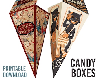 Halloween Candy Boxes: Vintage Black Cat Band & Creepy Clown (Downloadable Files