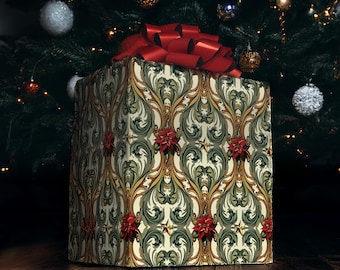 Elegant Christmas Wrapping Paper – Vintage Baroque Holiday Design with Poinsettias, old world, ornate, whimsical