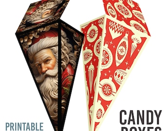 DOWNLOADABLE Files // Christmas Gift boxes / Teachers / Christmas Party / Ornate Santa, mid-century ornaments, host gift