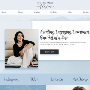 May include: Website homepage for a social media manager named Alison. The website features a photo of Alison sitting on a sofa, a call to action to book a call, and a tagline that reads "Creating Engaging Experiences, One Post at a Time".
