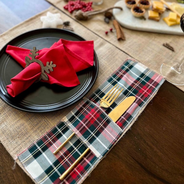 Plaid Cutlery Holder and Place Mat, Christmas Burlap Tablemat, Holiday Table Decor Gift, Rustic Farmhouse, Red Cotton Napkin, Rustic Runner