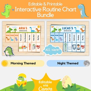 Tabel ochtend- en bedtijdroutine • Afdrukbare flipover met dinosaurusthema • Aanpasbare ochtendroutines voor kinderen • Cadeaus voor kinderen en ouders