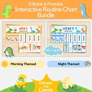 Morning & Bedtime Routine Chart • Printable Dinosaur Themed Flip Chart • Customizable Kids Morning Routines • Gifts for Childs and Parents