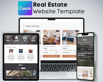 May include: A mockup of a website template for real estate agents. The template features a modern design with a clean layout and easy-to-read text. The website includes sections for latest listings, satisfied clients, and a call to action to get in touch. The website is hosted on Canva and requires no coding skills to use.