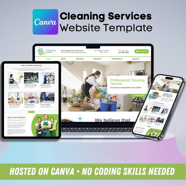 Sitio web de Canva para empresa de limpieza profesional • Sitio web para empresas de limpieza • Plantilla de sitio web editable y personalizable