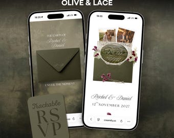 Olive Green Save the Date Website, Lace Digital Wedding Invite, Italian Evite Canva