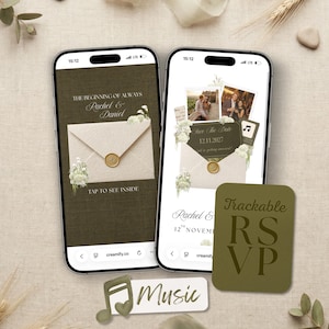 Old Money Save the Date-website, olijfgroene geanimeerde digitale uitnodiging, luxe canvas Evite