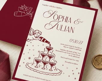 Vintage Champagne Tower Wedding Invitation, Burgundy Cupid Retro Invite (Digital Download)
