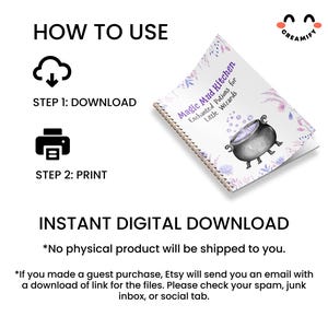 May include: A printable digital download for a Magic Mud Kitchen recipe book with a purple and white floral design. The cover features a cauldron with purple and white bubbles. The text on the cover reads "Magic Mud Kitchen Enchanted Potions for Little Wizards".