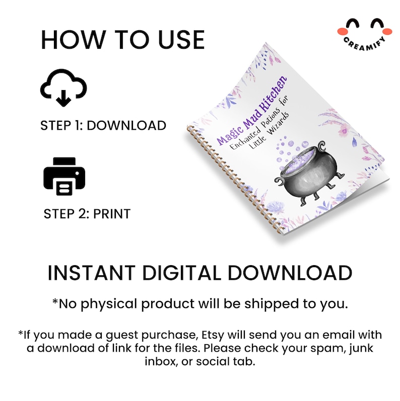 May include: A printable digital download for a Magic Mud Kitchen recipe book with a purple and white floral design. The cover features a cauldron with purple and white bubbles. The text on the cover reads "Magic Mud Kitchen Enchanted Potions for Little Wizards".