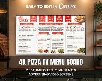 Digital Pizza Menu Board | Animated TV Screen Template for Pizzeria | Editable Canva Signage