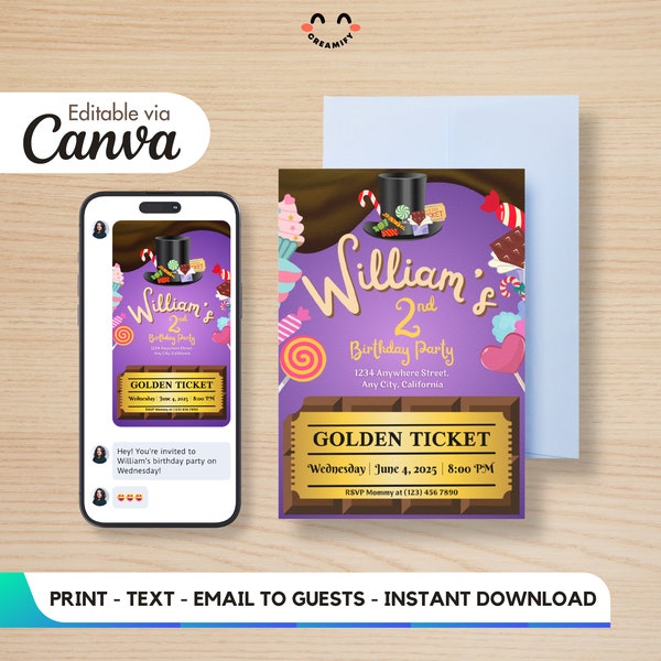 Golden Ticket Inspired Charlie Factory Birthday Invitation - Editable Invite for Kids - Purple 5x7 Template - Instant Download - Chocolate