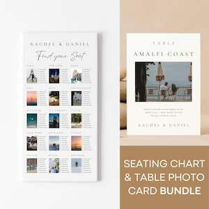 Peut inclure: Un ensemble de cartes de mariage comprenant un plan de table et une carte photo. Le plan de table répertorie des lieux comme Paris, New York et Rome. La carte de table présente une photo de la côte amalfitaine. Le texte comprend "Find your Seat".