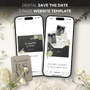Sitio web con diseño floral para guardar la fecha / Revelación de sobre animada / Invitación de boda digital / Formulario de RSVP y dirección integrado