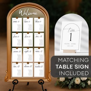 Plantilla moderna para plano de asientos de boda, tarjetas de mesa editables con corazón, tarjetas de lugar minimalistas de Canva, letrero imprimible, 4x6, 5x7, 8x10 A5
