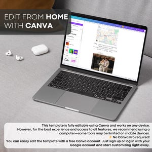 Op de afbeelding: Een zilveren laptop met een Canva-sjabloon met een trouwfoto en kaart. Het scherm toont de tekst "We can't wait to share this joyful day with the people we love most - like you." De tekst "Edit from Home with Canva" staat bovenaan.