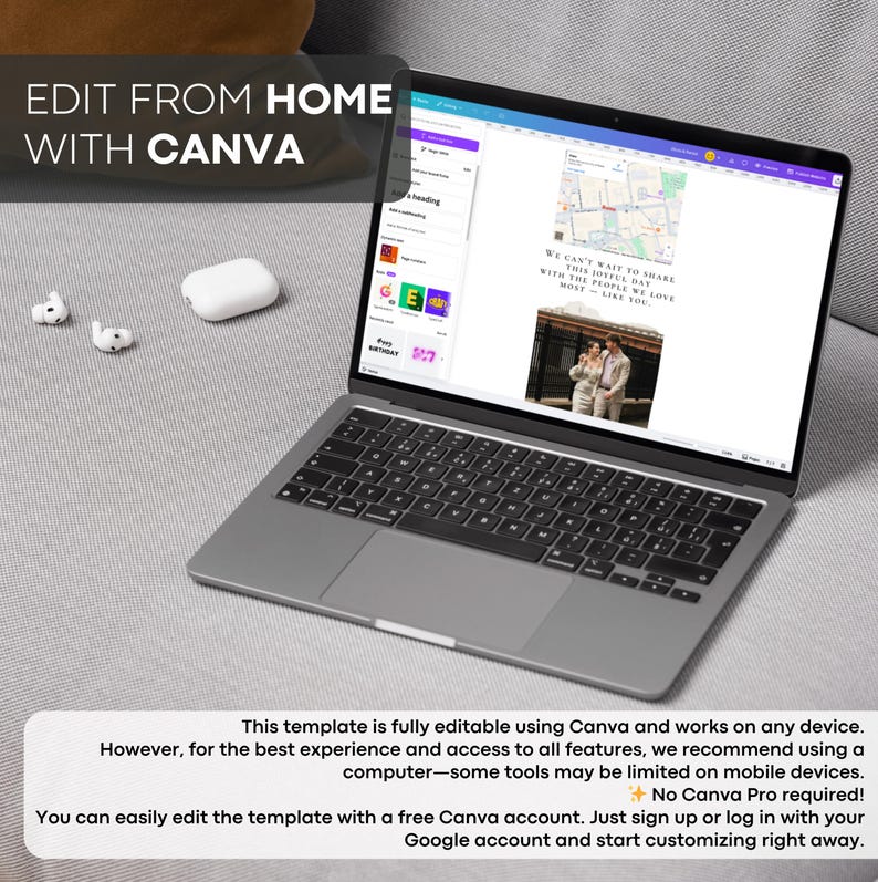 Op de afbeelding: Een zilveren laptop met een Canva-sjabloon met een trouwfoto en kaart. Het scherm toont de tekst "We can't wait to share this joyful day with the people we love most - like you." De tekst "Edit from Home with Canva" staat bovenaan.