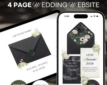 Animated Wedding Website Template & RSVP | Digital Canva Invitation | Black Green Floral Envelope Reveal