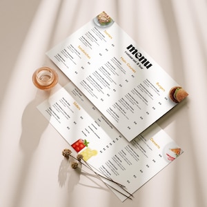 Plantilla de menú de bar de restaurante moderno, editable en Canva, menú digital de bebidas, comida y cafetería, letrero de bienvenida imprimible, descarga instantánea para negocios.