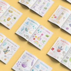 May include: A collection of potion recipe cards with watercolor illustrations. Each card features a different potion name, such as "Love Potion", "Friendship Potion", and "Ocean Whisper Potion". The cards include instructions for making each potion, such as adding drops of water, flowers, and other ingredients.
