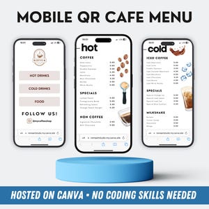 Anpassbare Mobile QR Code Cafe Menü Website - Bearbeitbare digitale Canva-Vorlage mit Kaffee-, Dessert- und Lebensmittelseiten + Bonus 5x7 QR-Menükarte