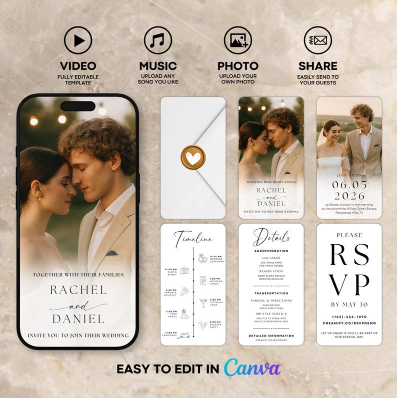 May include: A wedding invitation template with a photo of a couple, featuring text that reads "Rachel and Daniel" and "Invite you to join their wedding." The design includes icons for video, music, photo, and share options.