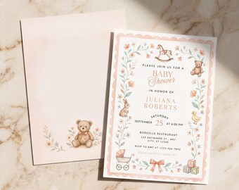 Teddy Bear Baby Shower Invitation Template, Peach Editable Canva 5x7 Watercolor, Rocking Horse Invite