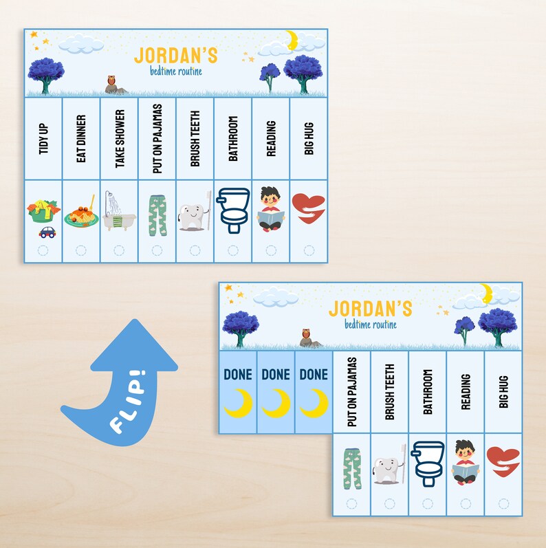 Pode incluir: Um gr&aacute;fico de rotina para a hora de dormir imprim&iacute;vel em azul e branco com o nome "JORDAN'S" no topo. O gr&aacute;fico tem uma s&eacute;rie de &iacute;cones que representam diferentes atividades para a hora de dormir, como colocar o pijama, escovar os dentes, tomar banho, ler e receber um abra&ccedil;o grande. O gr&aacute;fico tamb&eacute;m tem uma se&ccedil;&atilde;o para marcar cada atividade &agrave; medida que ela &eacute; conclu&iacute;da.