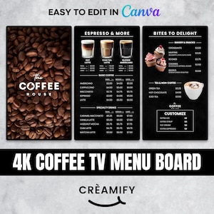 Menu de TV de cafeteria vertical moderna | Painel de menu animado digital editável para cafés, restaurantes, food trucks e drive-thru | Fácil personalização