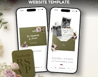 Moody Floral Save the Date Website, Olive Green Animated Evite, RSVP Canva Template