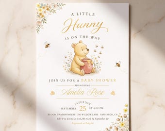 A Little Hunny Baby Shower Invitation | Classic Pooh Editable Template | Storybook Honey Winnie Bear Invite