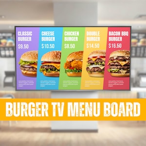Moderne animierte 4K TV Menüleiste | Digitale Menügestaltung für Burger-Restaurants | Leicht bearbeitbares und anpassbares Design auf USB speichern und wiedergeben
