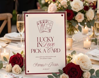 Playing Card Guestbook Sign, Lucky in Love Wedding, Retro Burgundy Guest Book Alternative, Editable
