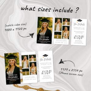 May include: A graduation announcement template with a black and white color scheme. The template features a photo of a graduate in a cap and gown, along with the graduate's name, school, and graduation year. The text "The Details" is displayed in a black and white font with a gold graduation cap icon. The text includes the date, time, and location of the graduation ceremony. The text "RSVP" is displayed in a black and white font with a gold graduation cap icon. The text includes the RSVP deadline and contact information. The template is available in two sizes: 1080 x 1920 pixels (mobile video size) and 1179 x 2556 pixels (iPhone screen size).
