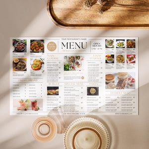 Plantilla de menú de restaurante editable y elegante para Canva / Diseño digital personalizable / Menú de cena de cafetería bistró moderno / Descarga instantánea