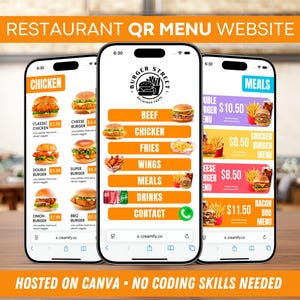 Puede incluir: Tres smartphones que muestran el sitio web del menú QR de un restaurante. Los menús presentan hamburguesas, pollo, patatas fritas y otras opciones de comida. El texto en la pantalla incluye "Burger Street" y "Alojado en Canva - No se necesitan habilidades de codificación."