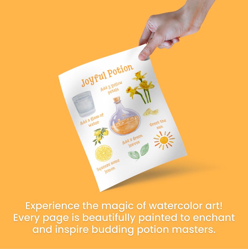 May include: A watercolor illustration of a recipe for a "Joyful Potion". The recipe includes adding 3 yellow petals, a glass of water, 2 green leaves, and squeezing some lemon. The illustration also includes a sun and a bottle of liquid.