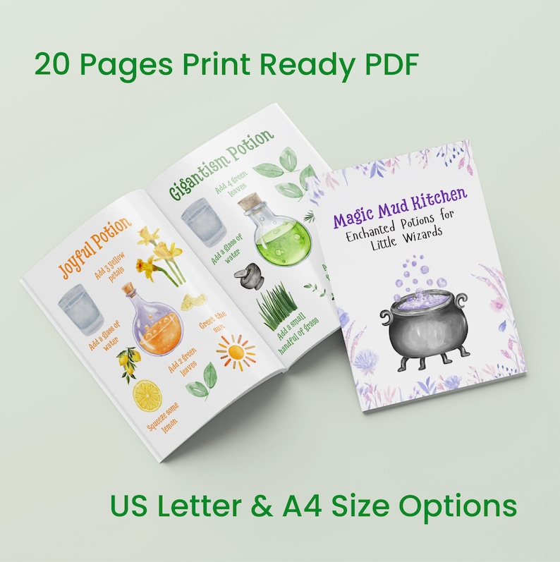 May include: A printable PDF booklet titled "Magic Mud Kitchen: Enchanted Potions for Little Wizards". The cover features a watercolor illustration of a black cauldron with purple smoke and a floral background. The inside pages show instructions for making potions with illustrations of ingredients and steps.