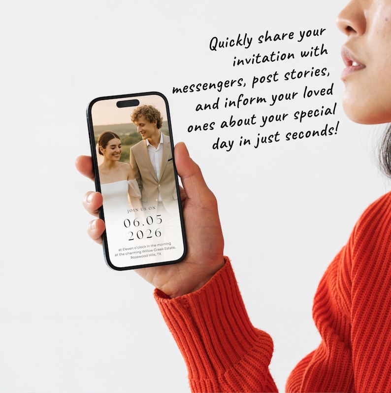 May include: A smartphone displays a wedding invitation with a photo of a couple. The screen shows the date 06.05.2026 and text that reads "Join us on". The phone is held by a person wearing an orange sweater. Text above the phone reads "Quickly share your invitation..."