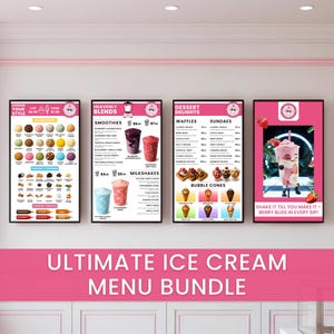Ice Cream Shop Digitales 4K TV-Menü-Bundle - Bearbeitbare Canva-Vorlagen für Smoothie, Milchshake, Waffel, Eisbecher, Bubble Cone und animierte Werbung