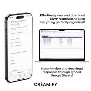Op de afbeelding: Een smartphone en een laptop tonen een RSVP-formulier voor een bruiloft en een spreadsheet. De telefoon toont een formulier met velden voor deelname en het aantal gasten. De laptop toont een Google Sheet met RSVP-gegevens. Tekst bevat "Olivia and Daniel's Wedding".