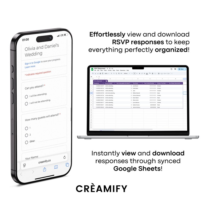 Op de afbeelding: Een smartphone en een laptop tonen een RSVP-formulier voor een bruiloft en een spreadsheet. De telefoon toont een formulier met velden voor deelname en het aantal gasten. De laptop toont een Google Sheet met RSVP-gegevens. Tekst bevat "Olivia and Daniel's Wedding".